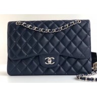 Chanel Grained Caviar Leather Jumbo Classic Flap Bag A1113 Navy Blue with Silver Hardware