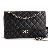 Chanel Grained Caviar Leather Jumbo Classic Flap Bag A1113 Black with Silver Hardware