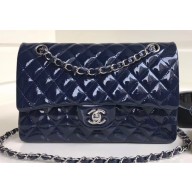 Chanel Patent Leather Medium Classic Flap Bag A1112 Navy Blue/Silver