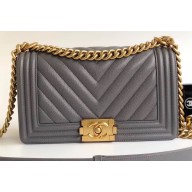 Chanel Caviar Leather Chevron Boy Flap Medium Bag Gray/Gold