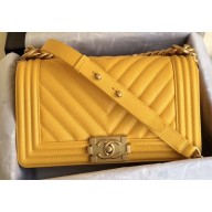 Chanel Caviar Leather Chevron Boy Flap Medium Bag Yellow/Gold