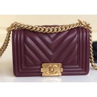 Chanel Caviar Leather Chevron Boy Flap Small Bag Burgundy/Gold