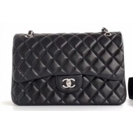 Chanel Lambskin Jumbo Classic Flap Bag A1113 Black/Silver