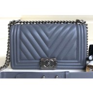 Chanel Caviar Leather Chevron Boy Flap Medium Bag Gray/Silver