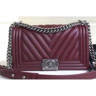 Chanel Caviar Leather Chevron Boy Flap Medium Bag Burgundy/Silver