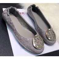 Tory Burch Minnie Travel Ballet Flats in Soft Quilted Napa Leather Gray