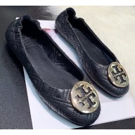 Tory Burch Minnie Travel Ballet Flats in Soft Quilted Napa Leather Black/Gold