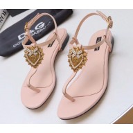 Dolce & Gabbana Nappa Leather Devotion Flip Flops Sandals Nude Pink 2020