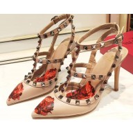 Valentino Heel 9.5cm Chain Rose Print Undercover Rockstud Pumps Nude