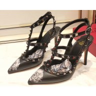 Valentino Heel 9.5cm Chain Rose Print Undercover Rockstud Pumps Black