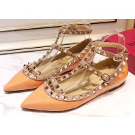 Valentino Rockstud Caged Ankle Strap Ballet Flats Ballerinas in Patent Leather Orange
