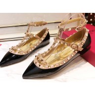 Valentino Rockstud Caged Ankle Strap Ballet Flats Ballerinas in Patent Leather Black