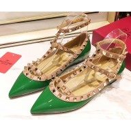 Valentino Rockstud Caged Ankle Strap Ballet Flats Ballerinas in Patent Leather Green