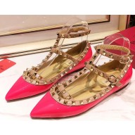 Valentino Rockstud Caged Ankle Strap Ballet Flats Ballerinas in Patent Leather Rouge Pink