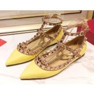 Valentino Rockstud Caged Ankle Strap Ballet Flats Ballerinas in Patent Leather Yellow