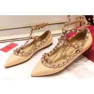 Valentino Rockstud Caged Ankle Strap Ballet Flats Ballerinas in Patent Leather Beige