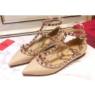 Valentino Rockstud Caged Ankle Strap Ballet Flats Ballerinas in Patent Leather Nude
