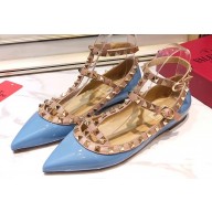 Valentino Rockstud Caged Ankle Strap Ballet Flats Ballerinas in Patent Leather Blue