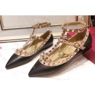Valentino Rockstud Caged Ankle Strap Ballet Flats Ballerinas in Leather Black