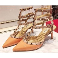 Valentino Heel 9.5cm Rockstud Caged Ankle Strap Pumps in Patent Leather Orange