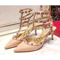 Valentino Heel 9.5cm Rockstud Caged Ankle Strap Pumps in Patent Leather Nude Pink