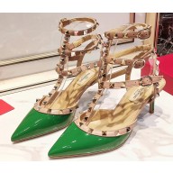 Valentino Heel 9.5cm Rockstud Caged Ankle Strap Pumps in Patent Leather Green