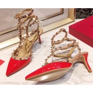 Valentino Heel 9.5cm Rockstud Caged Ankle Strap Pumps in Patent Leather Red