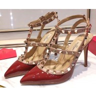 Valentino Heel 9.5cm Rockstud Caged Pumps in Patent Leather Burgundy