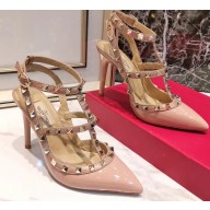 Valentino Heel 9.5cm Rockstud Caged Pumps in Patent Leather Nude Pink