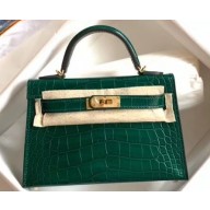 Hermes Mini Kelly II Bag in Alligator Embossed Leather Half Handmade Green