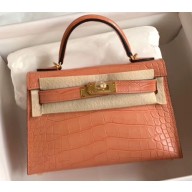 Hermes Mini Kelly II Bag in Alligator Embossed Leather Half Handmade Lobster Pink