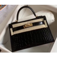 Hermes Mini Kelly II Bag in Alligator Embossed Leather Half Handmade Black/Gold