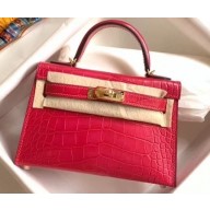 Hermes Mini Kelly II Bag in Alligator Embossed Leather Half Handmade Fuchsia