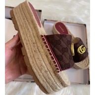 Gucci GG Matelassé Canvas Platform Espadrilles Slides Sandals Coffee 2020