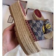 Gucci GG Matelassé Canvas Platform Espadrilles Slides Sandals Blue 2020