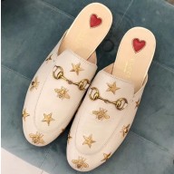 Gucci Women's Princetown Horsebit Slipper Embroidered Bees and Stars White