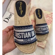 Dior Granville Oblique Embroidered Cotton Espadrilles Slipper Sandals Dark Blue 2020