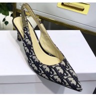 Dior Heel 6cm Strassy-D Slingback Pumps Oblique Canvas Blue 2020