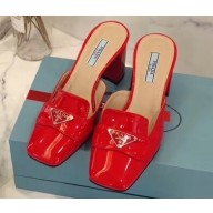Prada Heel 7cm Patent Leather Triangle Logo Mules Patent Red 2020
