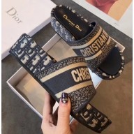 Dior Heel 5.5cm Dway Slides Mules in Oblique Embroidered Cotton Dark Blue