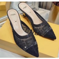 Fendi Heel 5.5cm Colibri Tech Mesh Slingbacks Sabots Rhinestone Embroidery Black 2020