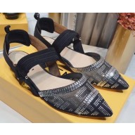 Fendi Colibri Tech Mesh Slingbacks Sabots Flats Rhinestone Embroidery Black/Silver 2020