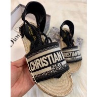 Dior Granville and Embroidered Cotton Lace-up Espadrilles Flat Sandals Black 2020