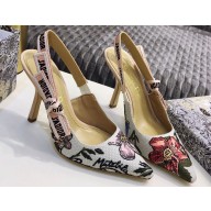 Dior Heel 9.5cm J'Adior Slingback Pumps Multicolor Cotton with Rosa Mutabilis Embroidery 2020