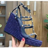Valentino Heel 12cm Platform 2.5cm Rockstud Leather Ankle Strap Wedge Sandals Blue 2020