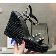 Valentino Heel 12cm Platform 2.5cm Ankle Strap Wedge Sandals Black with Stud Details 2020