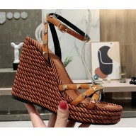 Valentino Heel 12cm Platform 2.5cm Rockstud Calfskin Ankle Strap Wedge Sandals Brown 2020