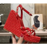 Valentino Heel 12cm Platform 2.5cm Rockstud Calfskin Ankle Strap Wedge Sandals Red 2020