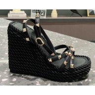 Valentino Heel 12cm Platform 2.5cm Rockstud Calfskin Ankle Strap Wedge Sandals Black 2020
