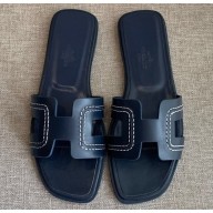 Hermes Oran Flat Slipper Sandals Navy Blue/Stitching 2020